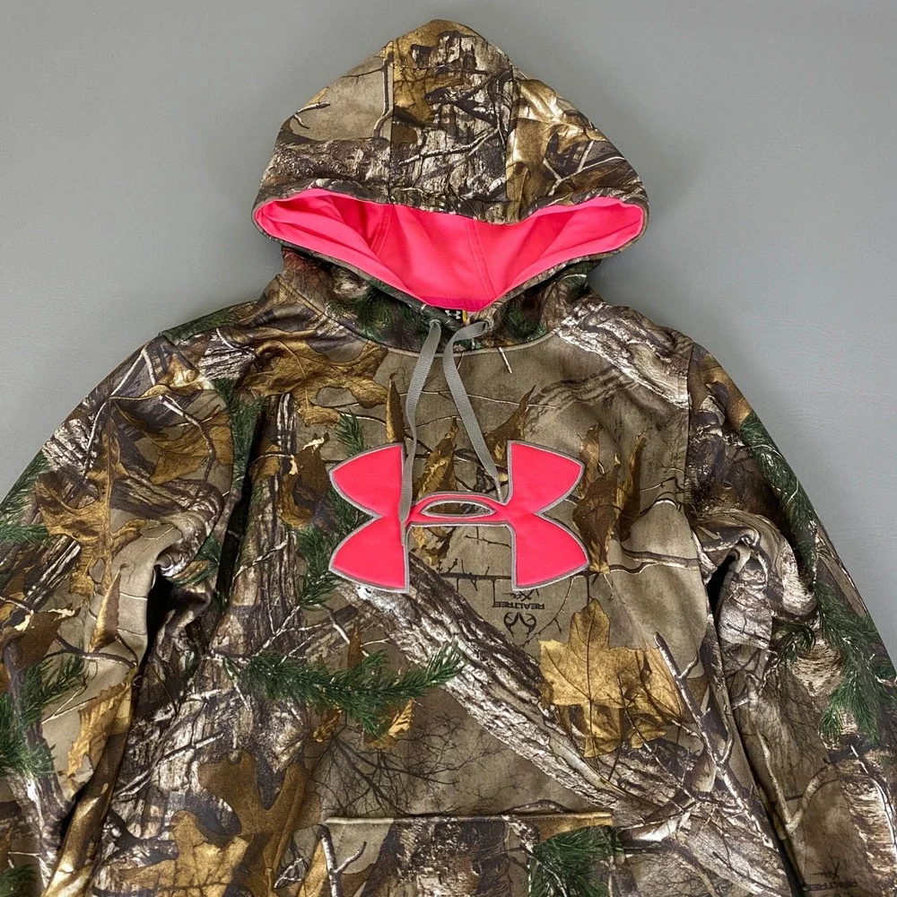 Under Armour Realtree Camo Hoodie Women's Size Medium Pink Green Logo‎ Loose Fit